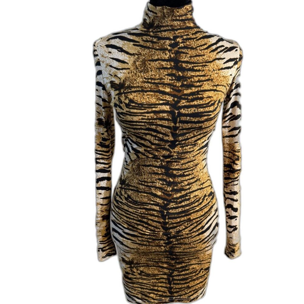 Tiger Print Turtleneck Mini Dress — Long Sleeve, Bodycon, Unbranded